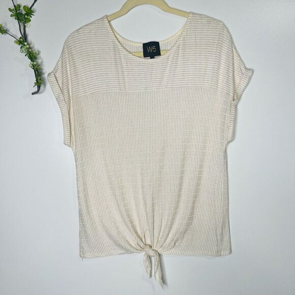 W5 Ivory Gold Stripes Tie Front Muscle Sleeve Tee Shirt - Picture 1 of 6